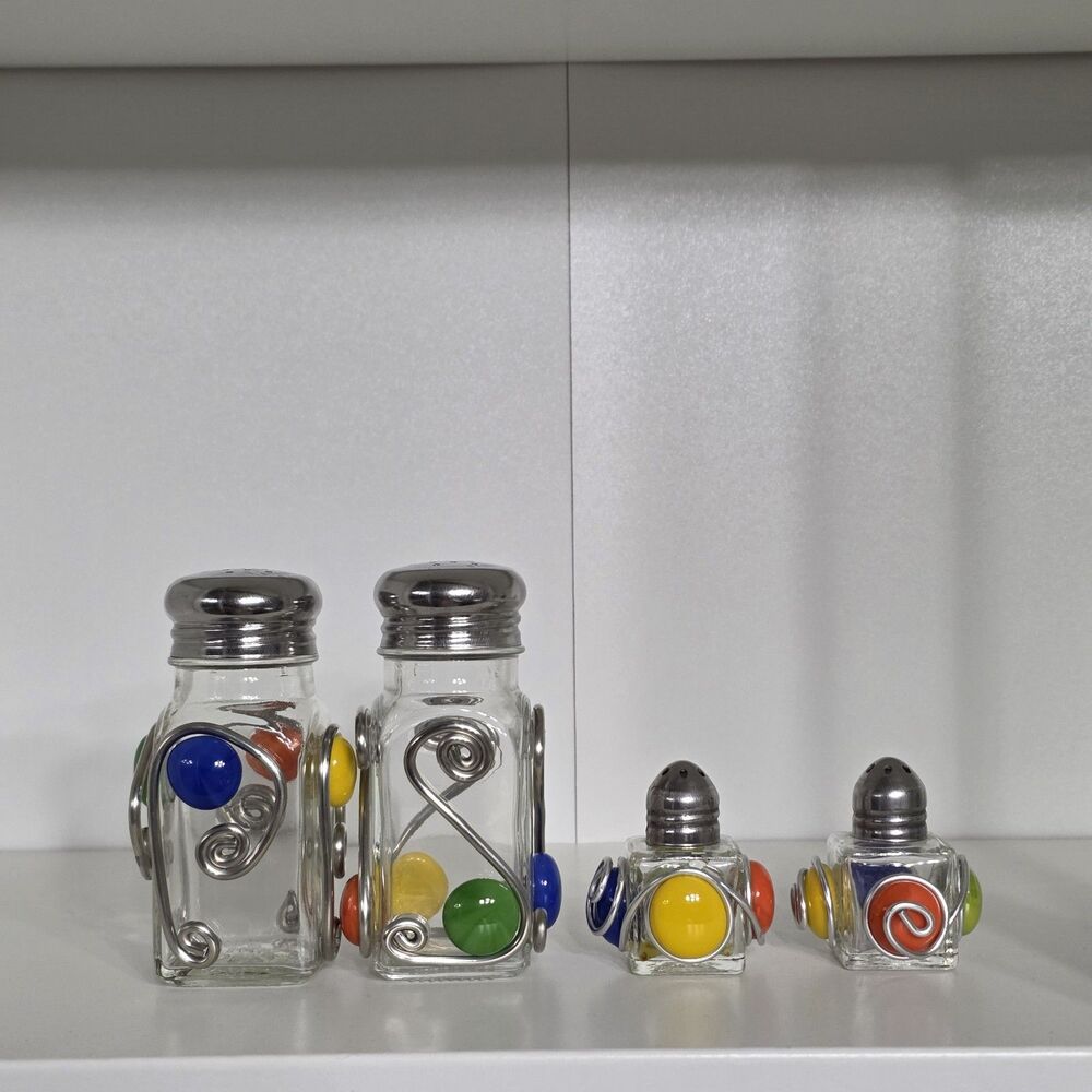 Salt And Pepper Shakers Beaded Glass Blue & Green MCM Design Set Of 4 Art Deco